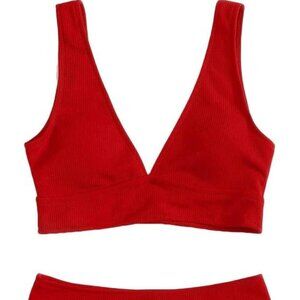 SheIn Women's High Waisted Bikini Set, V Neck Two Piece Bathing Suit Red Small